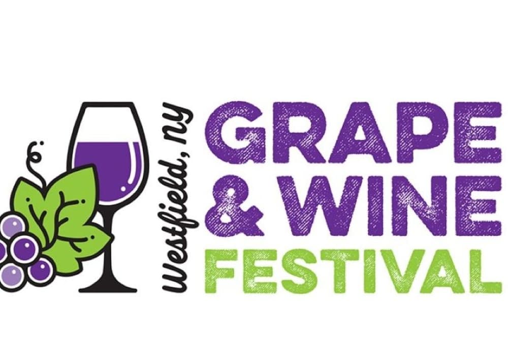 Logo for the Westfield, NY Grape & Wine Festival featuring a wine glass and grapes.