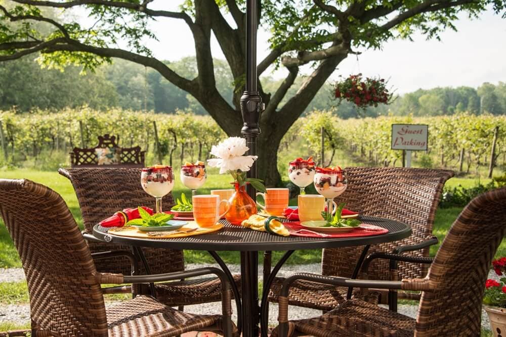 A beautifully set table with colorful desserts and drinks sits under a tree, with a vineyard in the background.